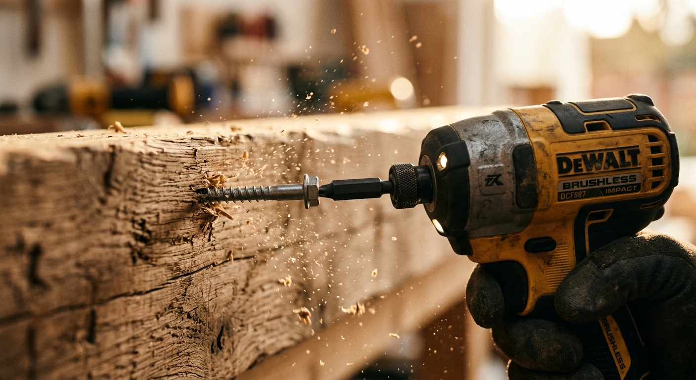 מברגת אימפקט DeWalt בפעולה, מבריגה בורג לתוך קורת עץ גסה בזמן ששבבי נסורת עפים באוויר.